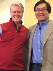 Tien Wong (R) gets ready to interview EverFi co-founder and CEO, Tom Davidson, at Big Idea Connectpreneur 2015 Fall edition. As one point as questions flew, Tom quipped: 